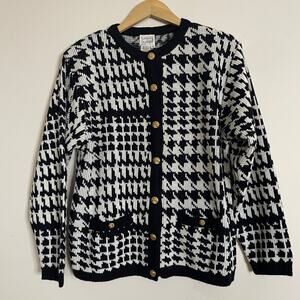 Hasting & Smith Knit Houndstooth Cardigan Sweater Black White Size M